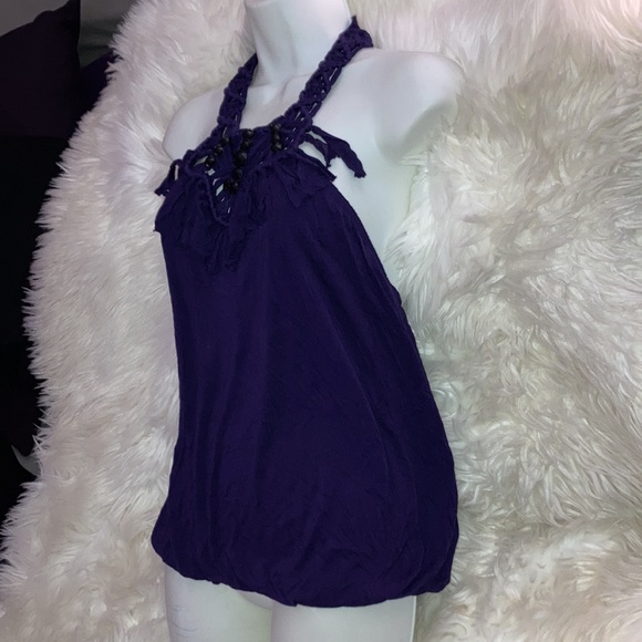 BEBE Purple Braided Fringe Beads Halter Top Shelf Bra Top M - Picture 5 of 16